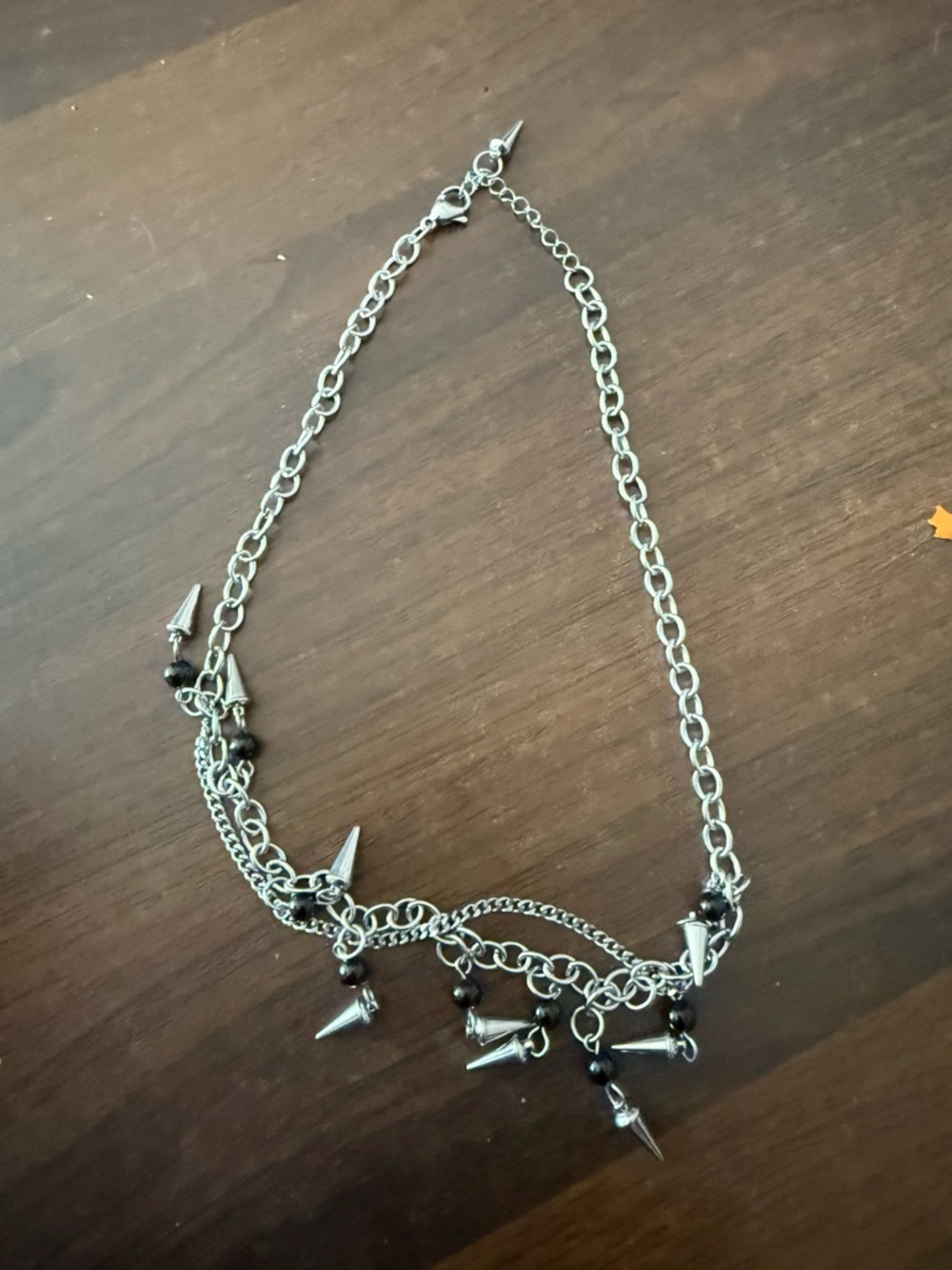 Silver Spike Charm Chain Necklace with Black Beads - Women Jewelry